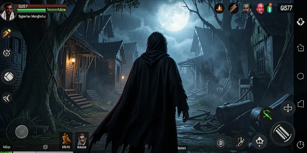 Screenshot gameplay menegangkan dari GUS77 dengan suasana horror.