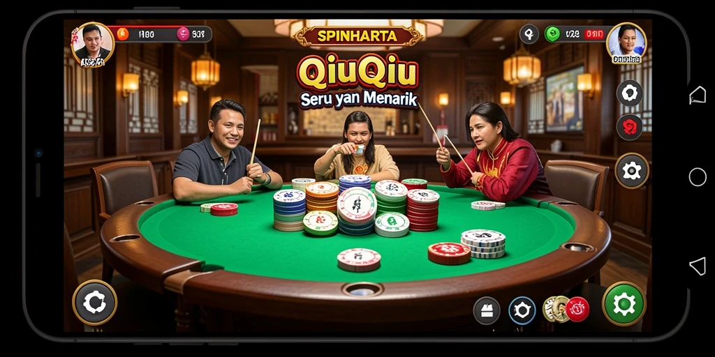 Tampilan gameplay seru SPINHARTA dengan kartu QiuQiu.