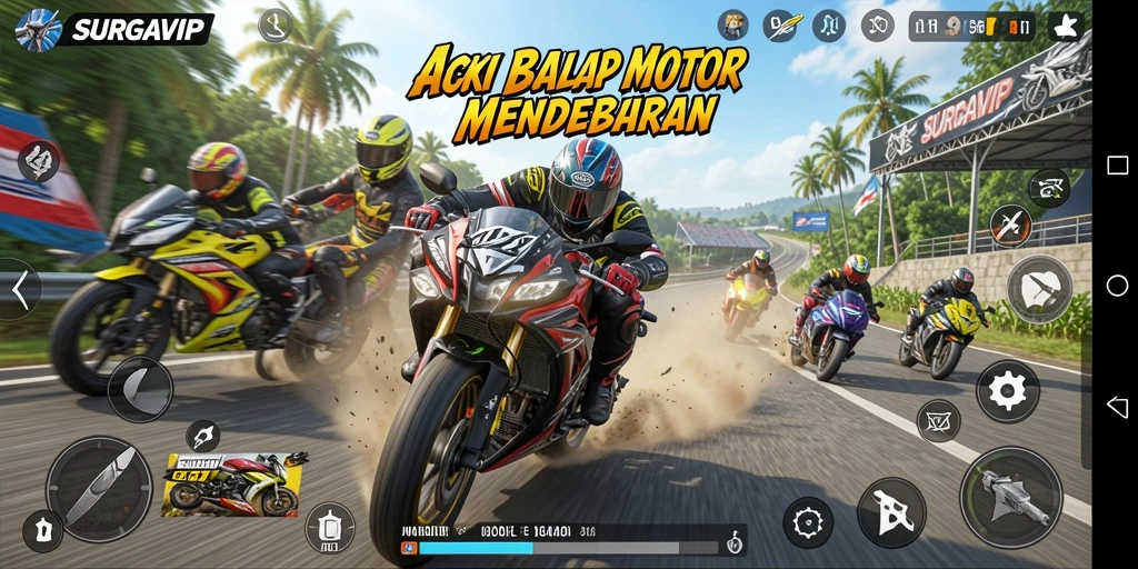 Gameplay mendebarkan di SURGAVIP dengan aksi balap motor intens.